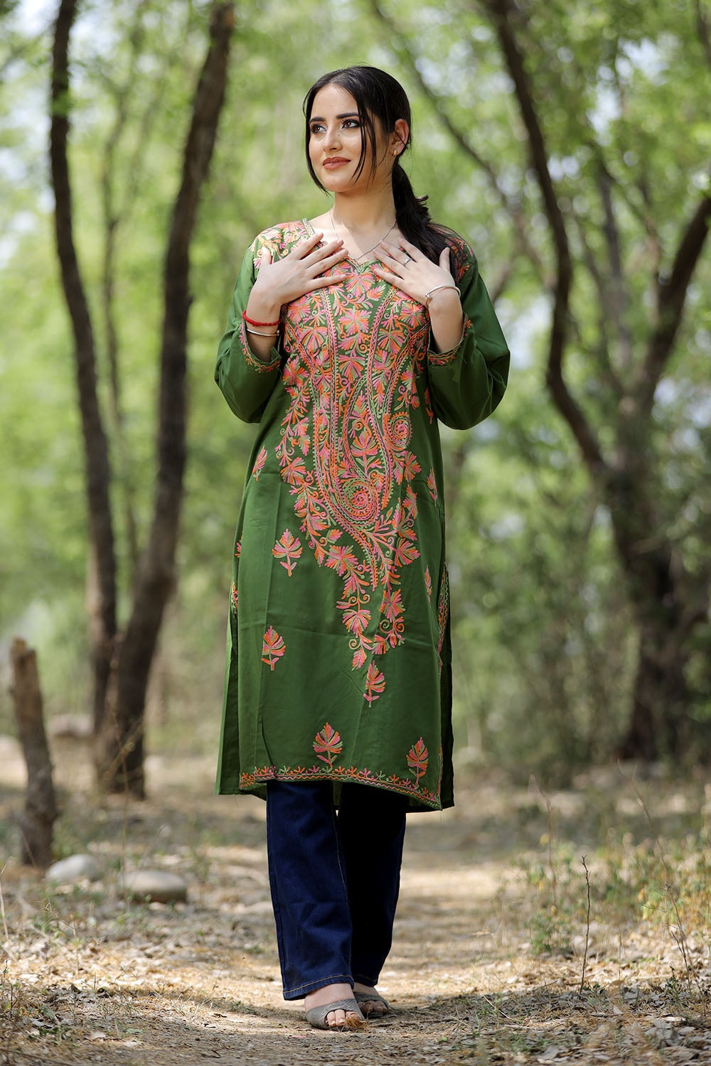 Comfortable Mehndi Color Embroidered Design Long Sleeve Kurti For Ladies  Bust Size: 28-30-32 Inch (in) at Best Price in Bareilly | Meenakshi Traders